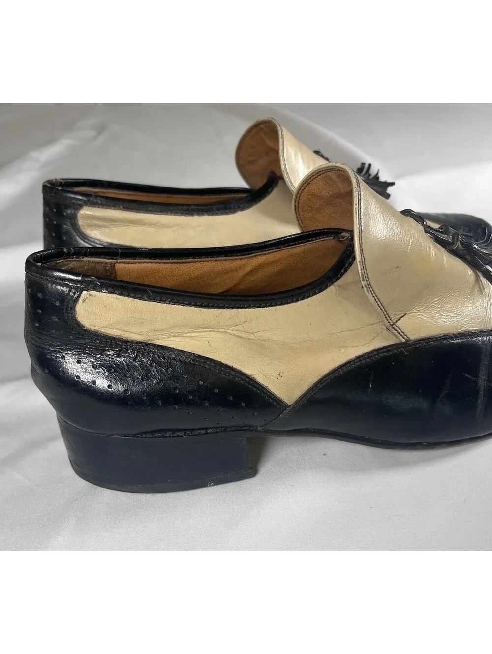 Vintage Two-Tone Black and Cream Leather Tassel Loafers